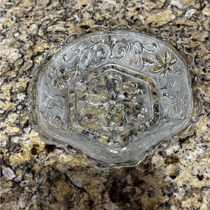 Vintage Indiana Glass Pressed Clear Hexagon Floral Design Trinket Sandwich Dish
